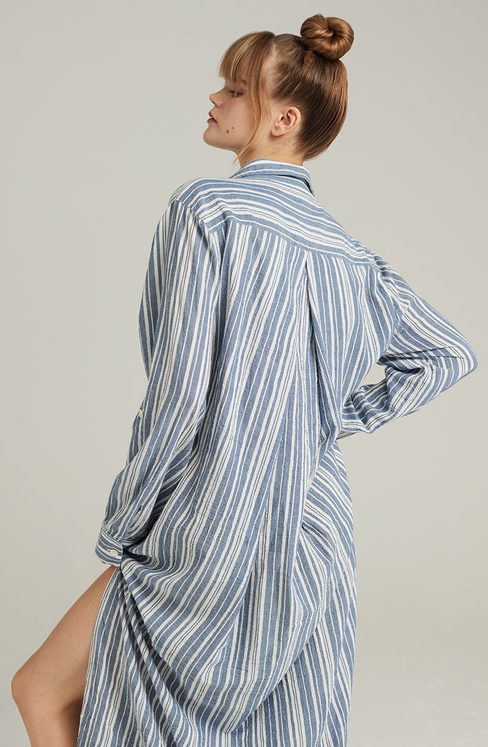 Maxi Shirt Organic Cotton French Navy Stripe with Side Slits and Mother-of-Pearl Buttons