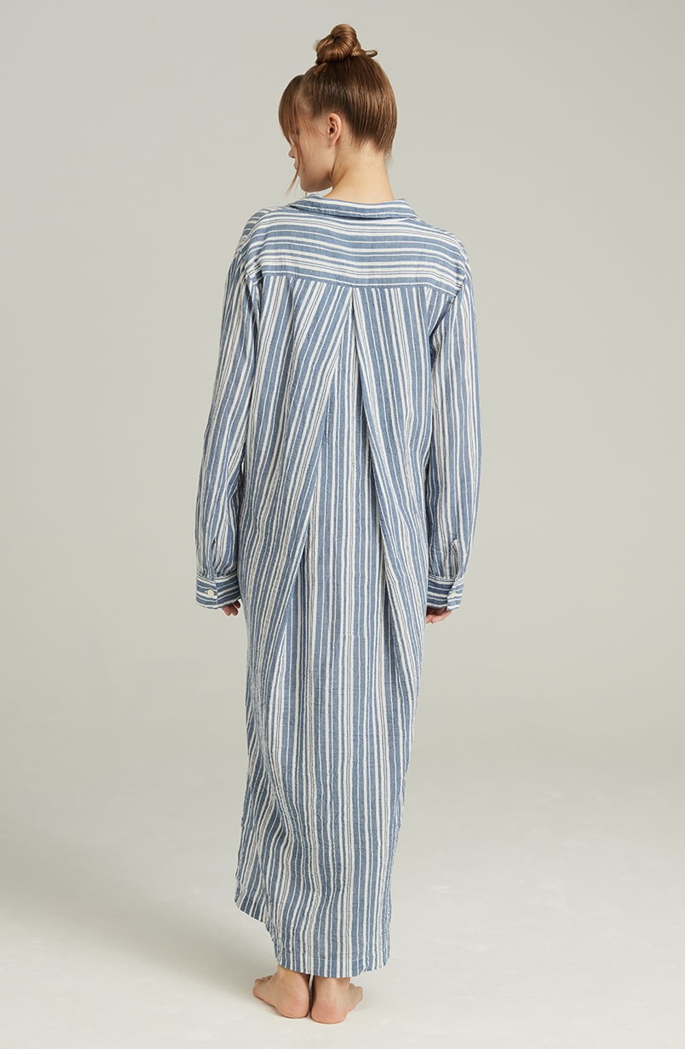Maxi Shirt Organic Cotton French Navy Stripe with Side Slits and Mother-of-Pearl Buttons