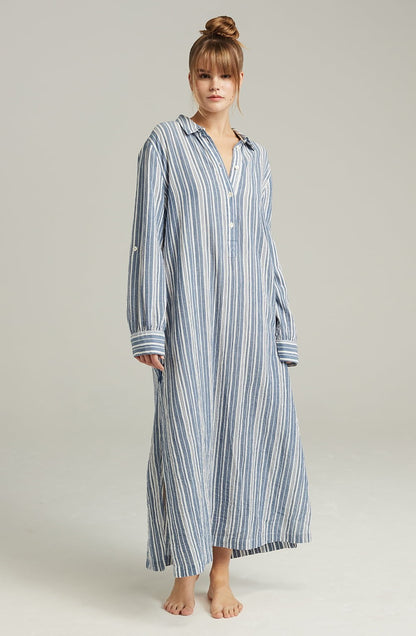 Maxi Shirt Organic Cotton French Navy Stripe with Side Slits and Mother-of-Pearl Buttons