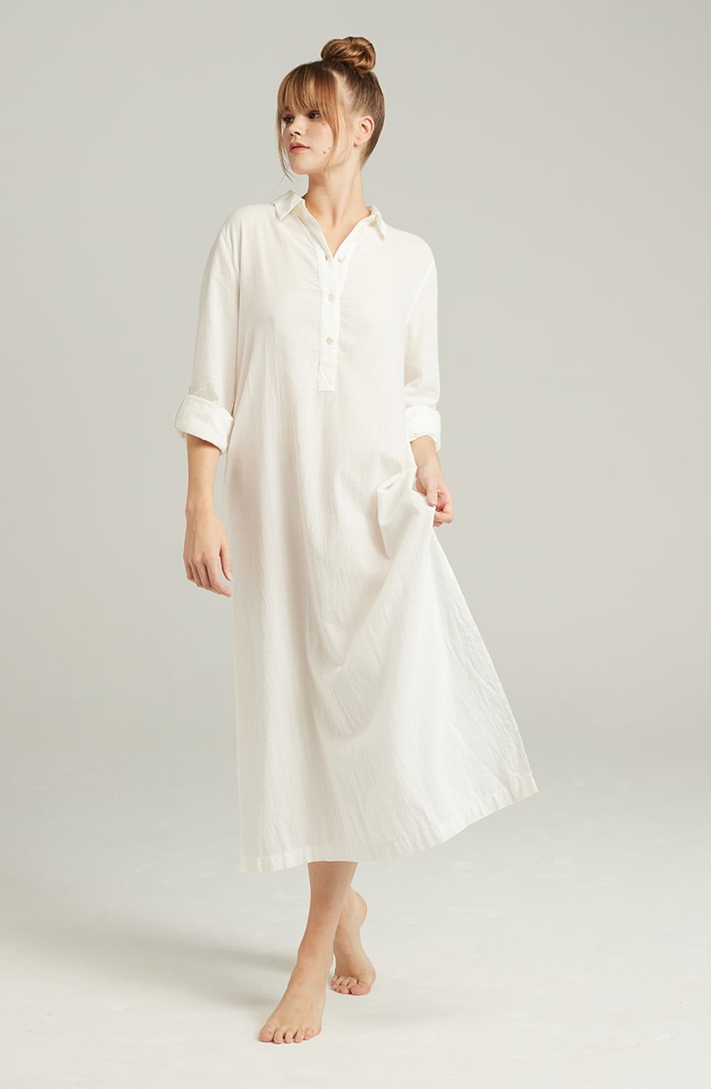 Organic Cotton Maxi Shirt White with Side Slits and Mother-of-Pearl Buttons