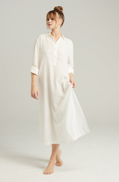 Organic Cotton Maxi Shirt White with Side Slits and Mother-of-Pearl Buttons