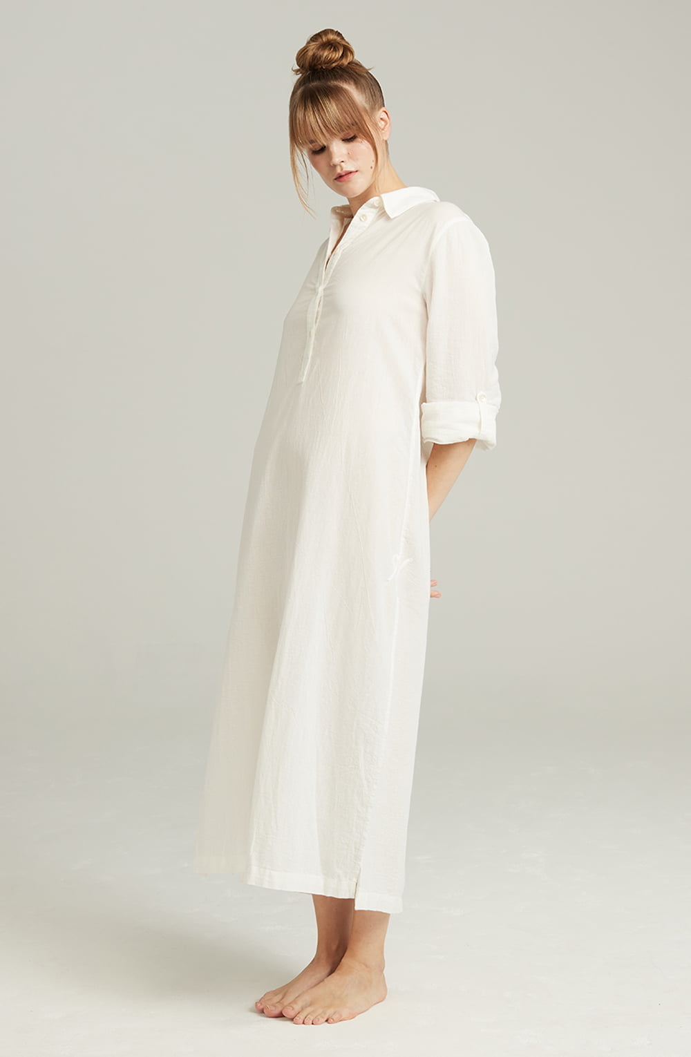 Organic Cotton Maxi Shirt White with Side Slits and Mother-of-Pearl Buttons