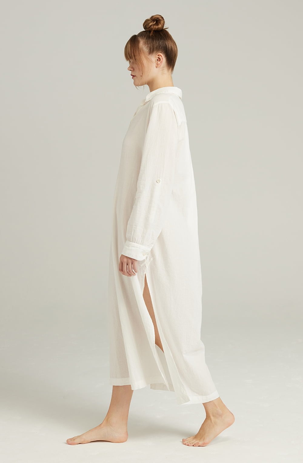 Organic Cotton Maxi Shirt White with Side Slits and Mother-of-Pearl Buttons