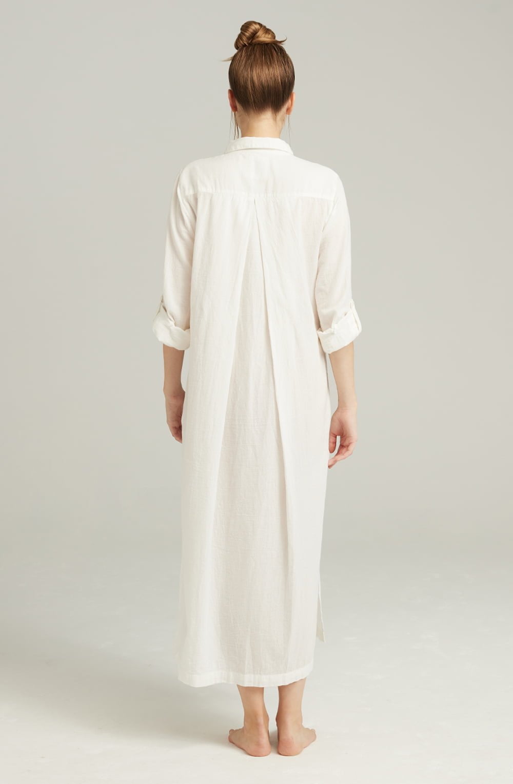 Organic Cotton Maxi Shirt White with Side Slits and Mother-of-Pearl Buttons