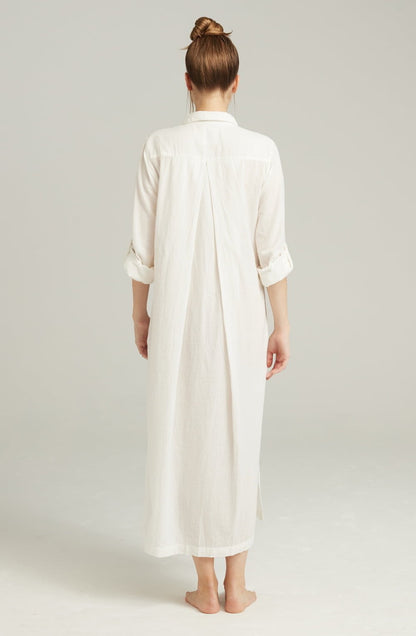 Organic Cotton Maxi Shirt White with Side Slits and Mother-of-Pearl Buttons