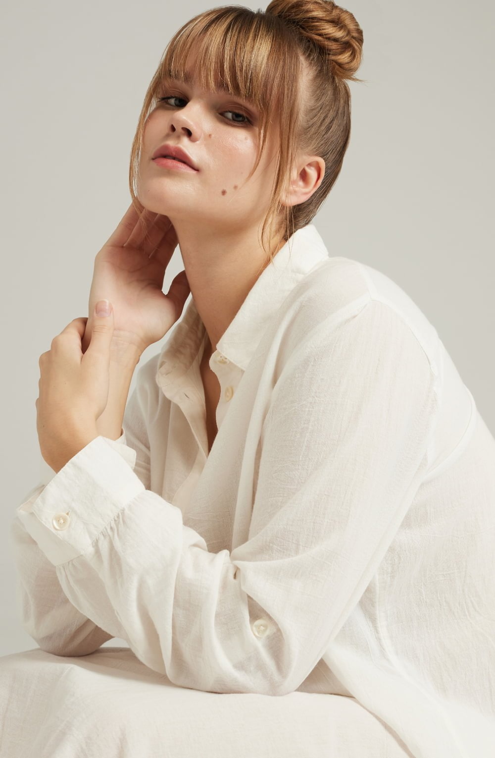 Organic Cotton Maxi Shirt White with Side Slits and Mother-of-Pearl Buttons