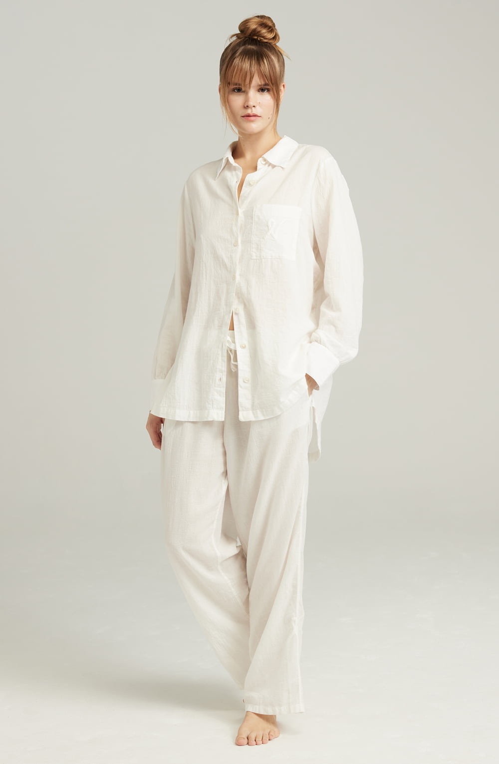 Organic Cotton Midi Shirt White Relaxed Fit with Mother-of-Pearl Buttons