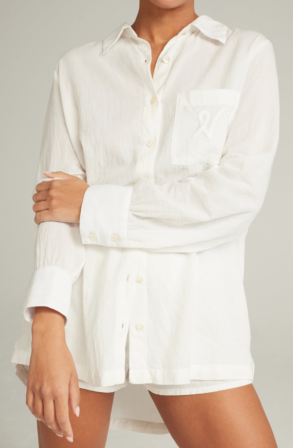 Organic Cotton Midi Shirt White Relaxed Fit with Mother-of-Pearl Buttons