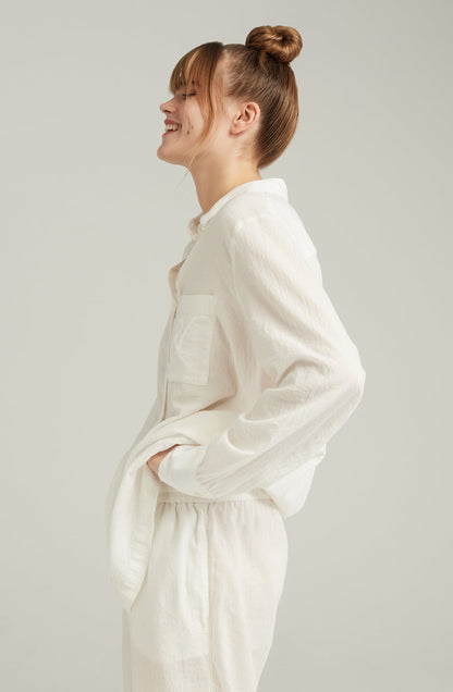 Organic Cotton Midi Shirt White Relaxed Fit with Mother-of-Pearl Buttons