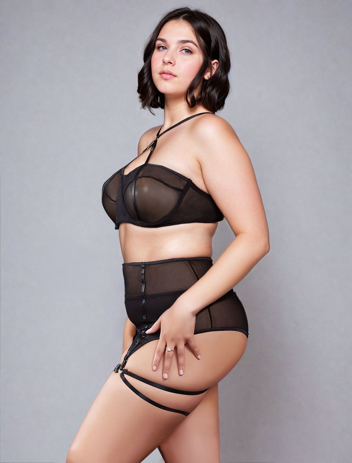 YesX YX Three Piece Plus Size Bra Set with Black Mesh waist detail Belt Matching Brief and Leg Rings