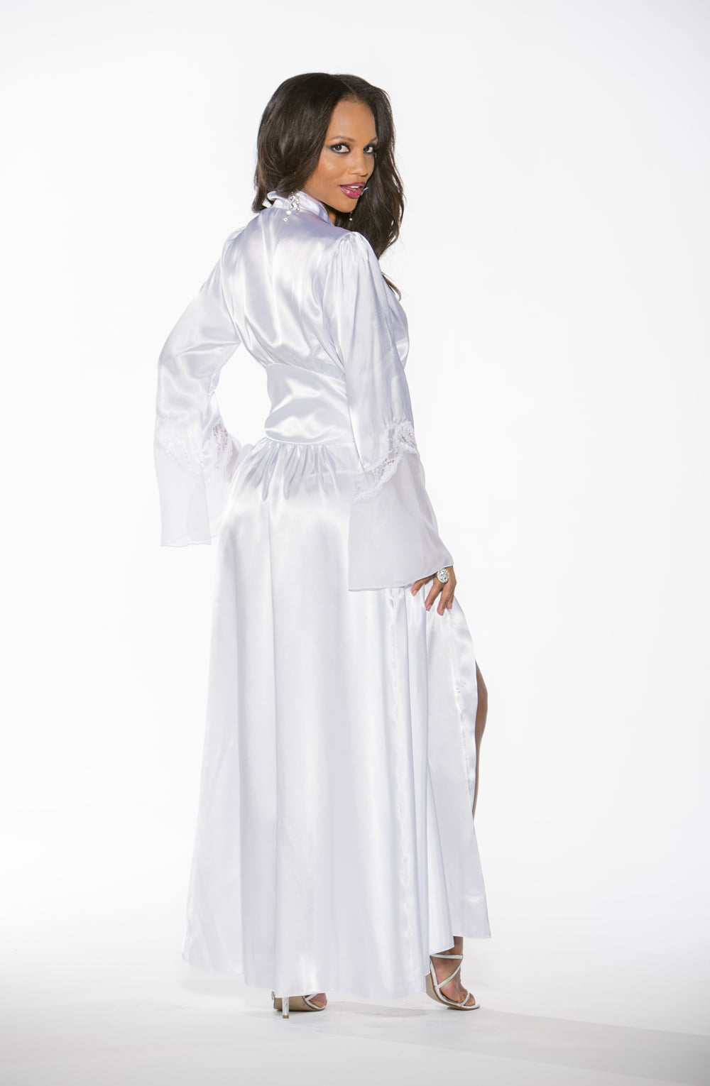 Shirley of Hollywood Long White Charmeuse Lace Chiffon Robe