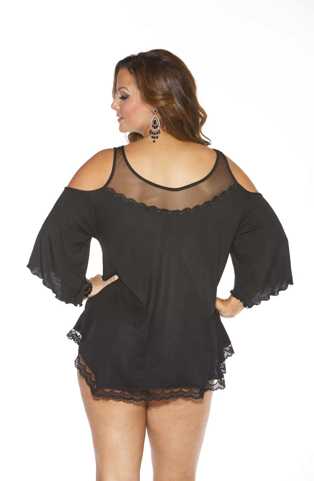 Shirley of Hollywood Black Rayon Jersey Knit Sleepshirt with Lace and Matching G-String Set