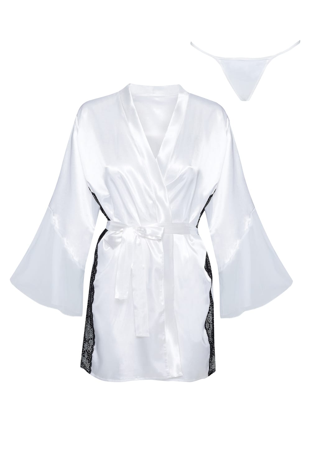 Beauty Night Sara White Satin Robe with Black Lace and Mesh Inserts Peignoir