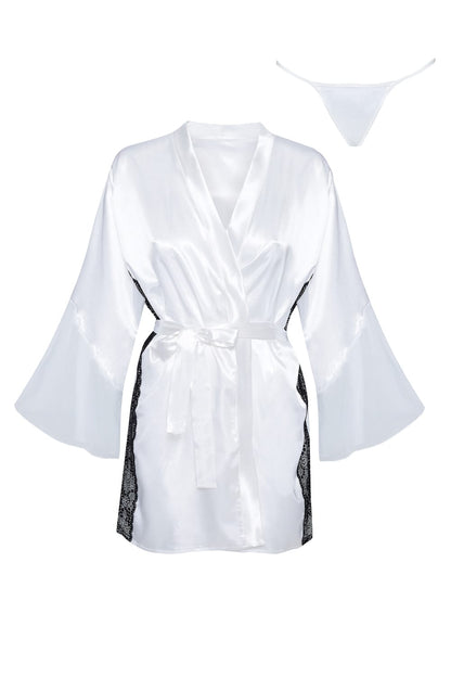 Beauty Night Sara White Satin Robe with Black Lace and Mesh Inserts Peignoir
