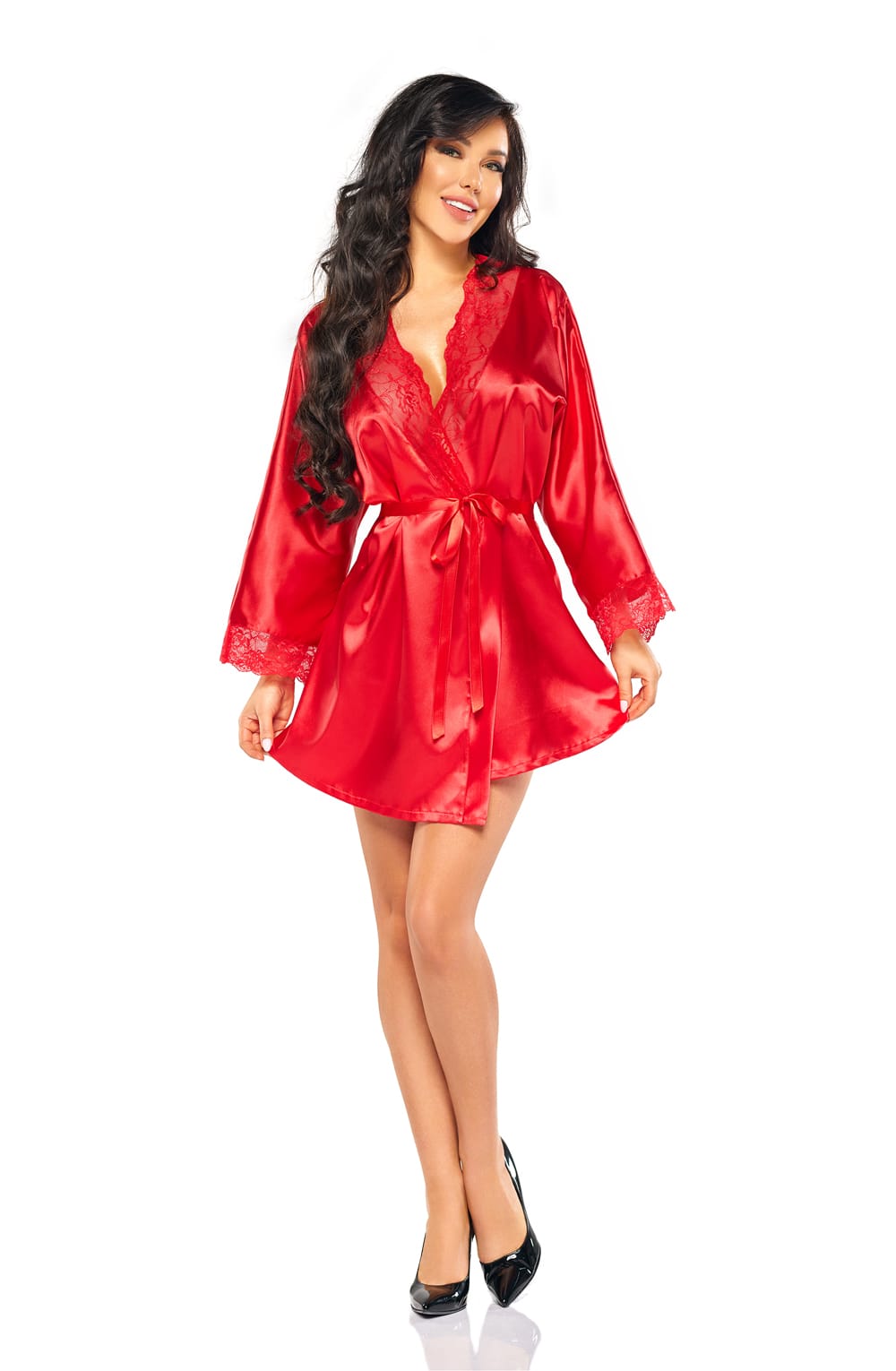 Beauty Night Sherie Red Satin Peignoir with Lace and Matching Matching Brief Set