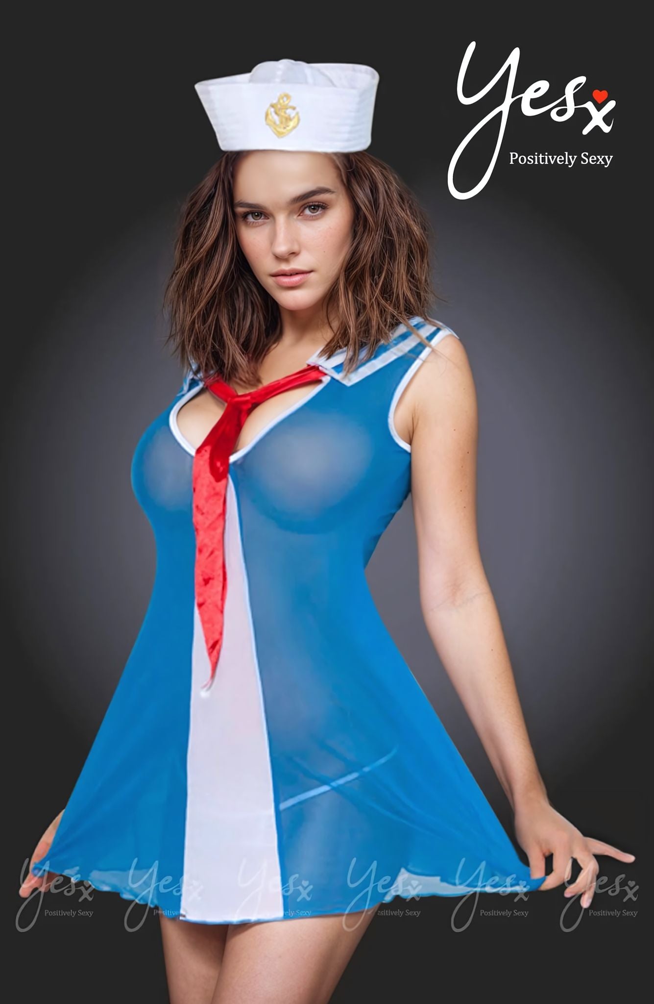 YesX Blue Red Sailor Dress Three Piece Mesh Set with Large Collar and Matching Bottom