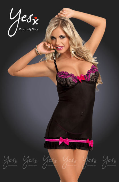 YesX Rose Black Mesh Lace Chemise with Open Back and G-String Set
