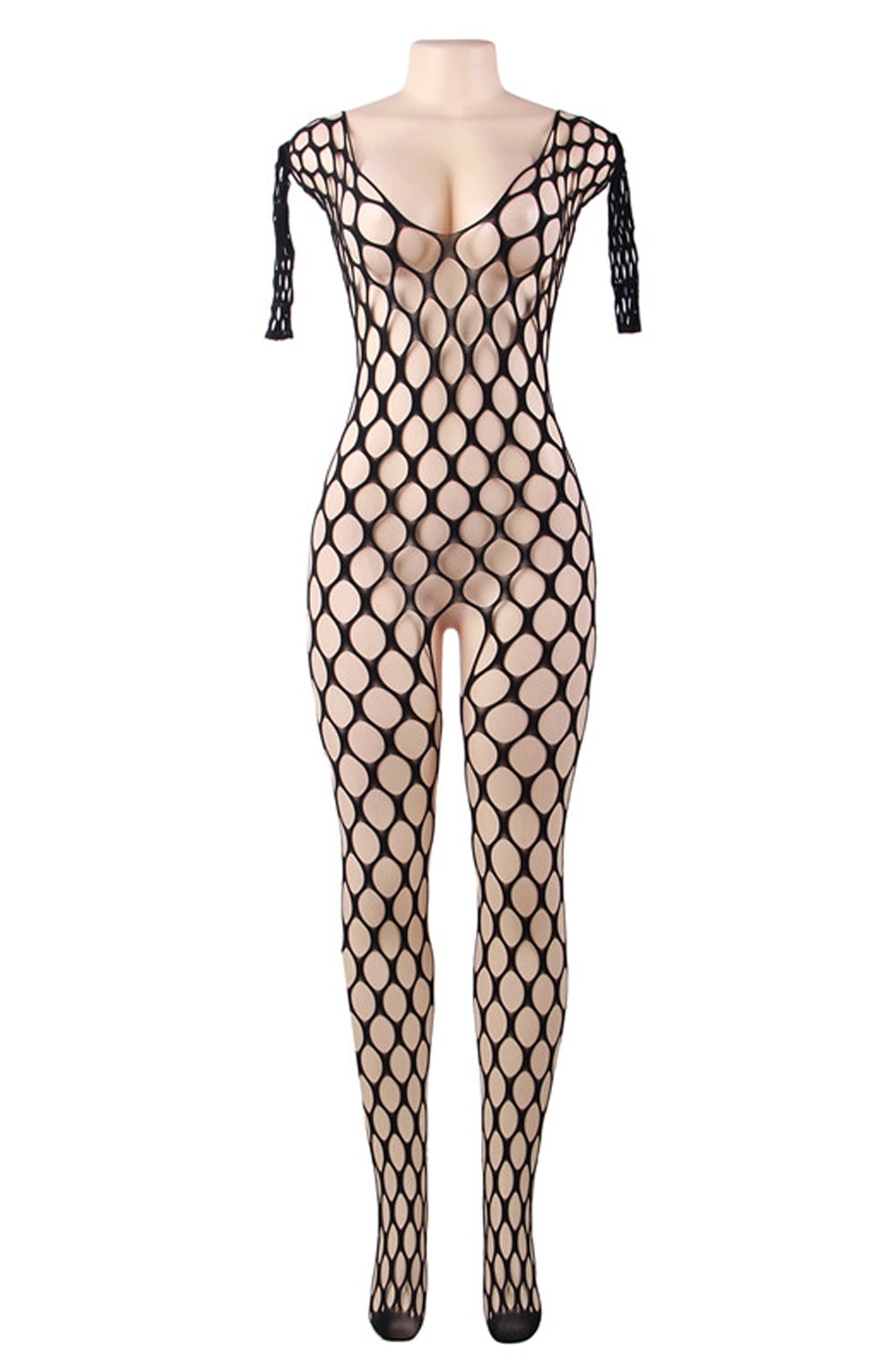 YesX YX Mesh Jumpsuit with Three Quarter Sleeves and All Over Holey Pattern