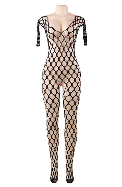 YesX YX Mesh Jumpsuit with Three Quarter Sleeves and All Over Holey Pattern