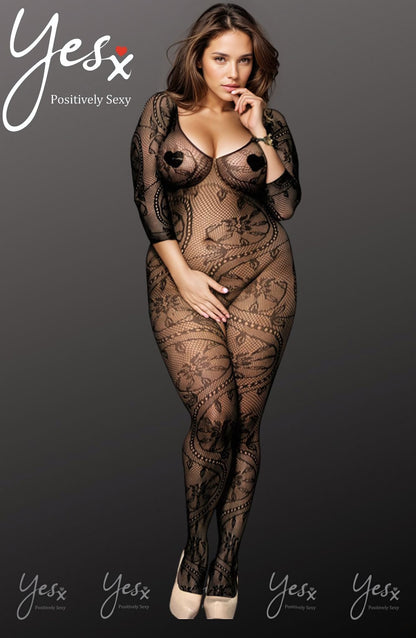 YesX Mesh Jumpsuit with Pattern Design and Three Quarter Sleeves