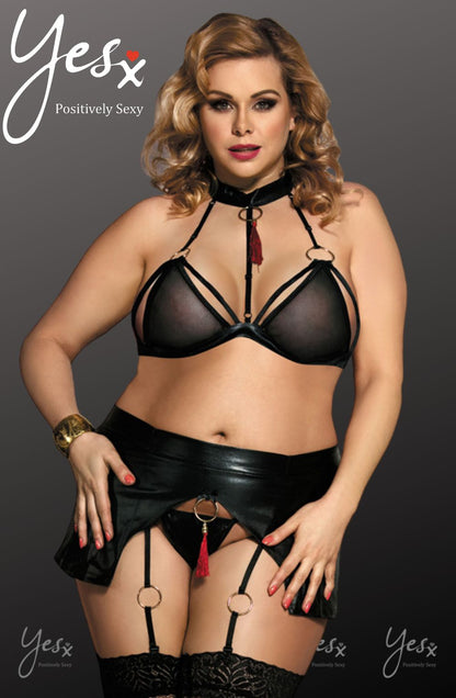 YesX Black Halter Neck Bra Set with Matching Brief and Skirt waist detail Straps