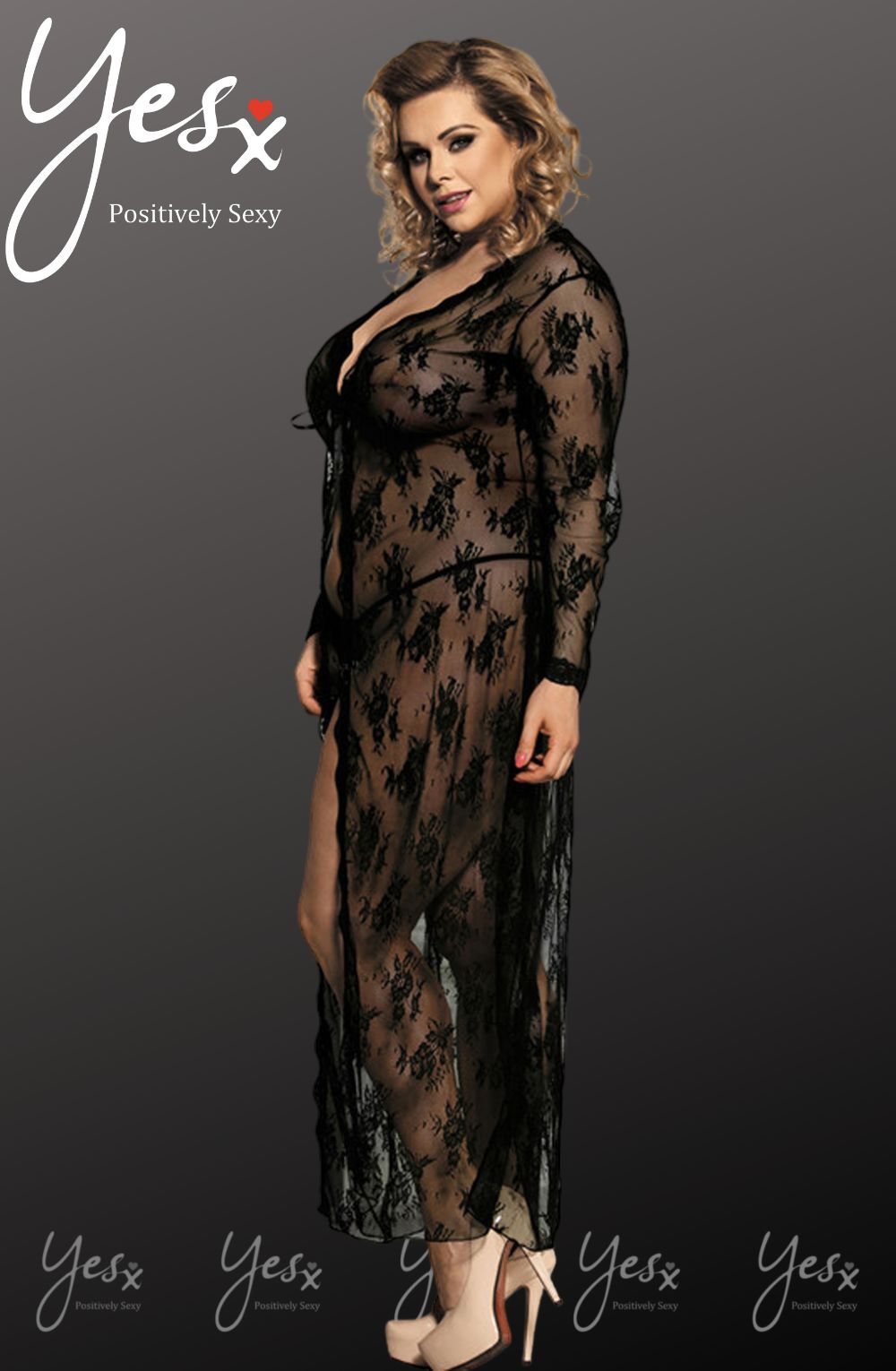 YesX Long Black Lace Dressing Gown with Matching Matching Brief and Ribbon Tie Front Set