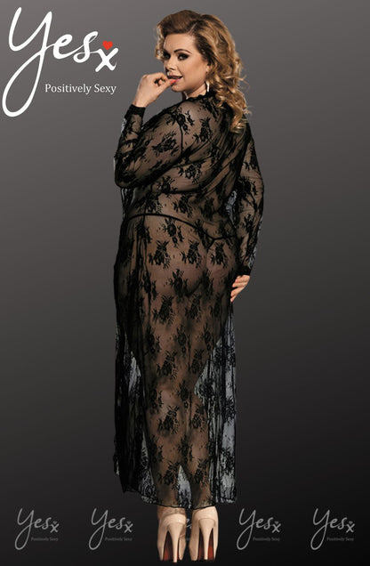 YesX Long Black Lace Dressing Gown with Matching Matching Brief and Ribbon Tie Front Set