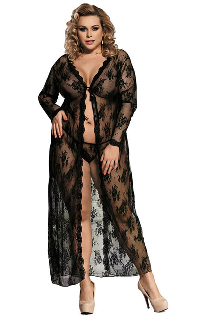 YesX Long Black Lace Dressing Gown with Matching Matching Brief and Ribbon Tie Front Set