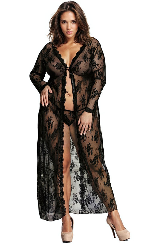 YesX Long Black Lace Dressing Gown with Matching Matching Brief and Ribbon Tie Front Set