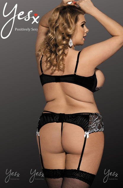 YesX YX Black Embroidered Bra Set with Shelf Bra, Matching Brief, and waist detail Belt