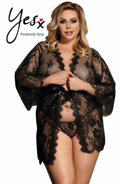 YesX Black Lace Robe Set with Satin Ribbon Tie and Matching Matching Brief - Sizes Up to 6XL
