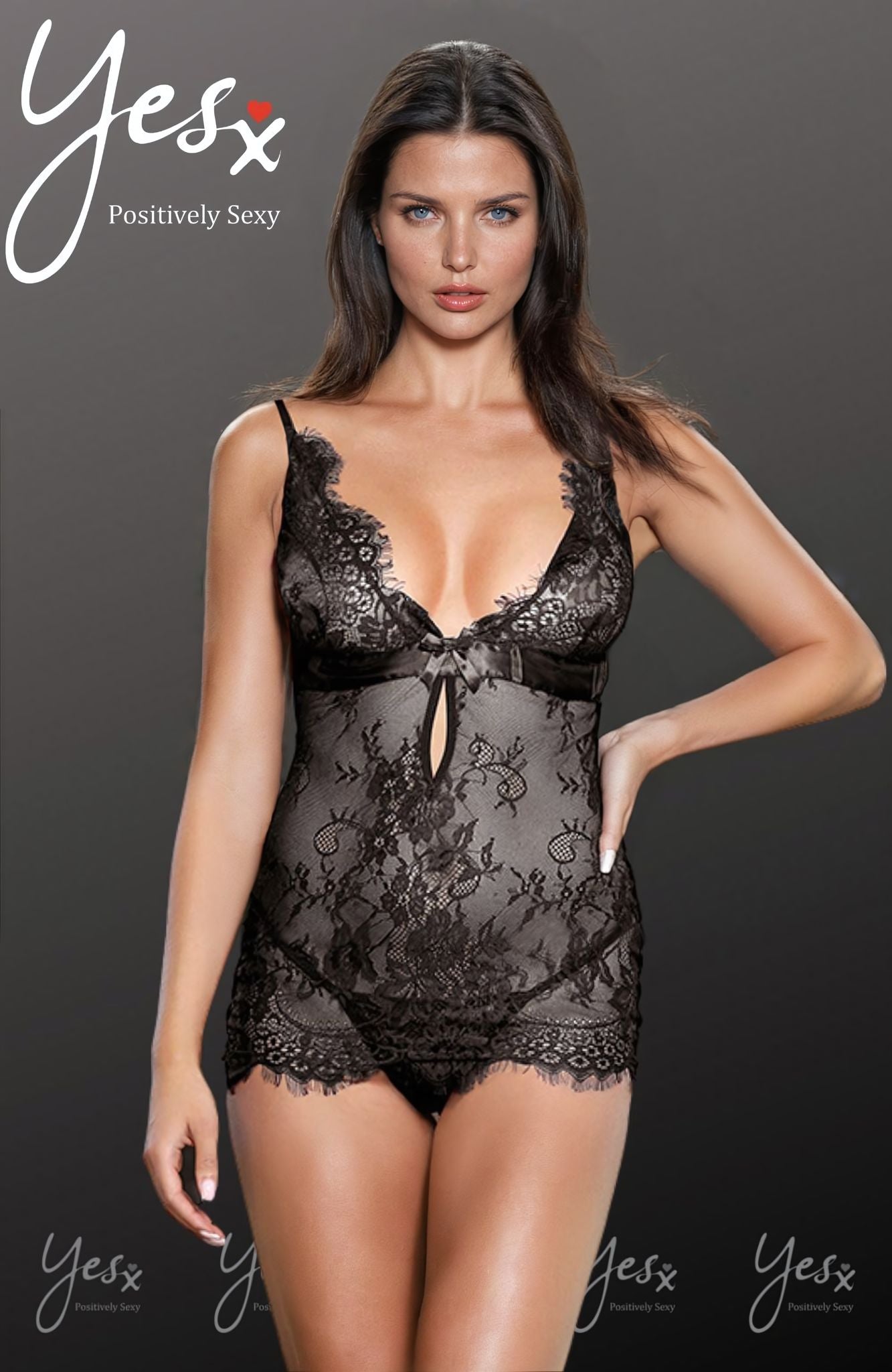 YesX Black Chemise Set with Eyelash Lace and Satin Ribbon Tie