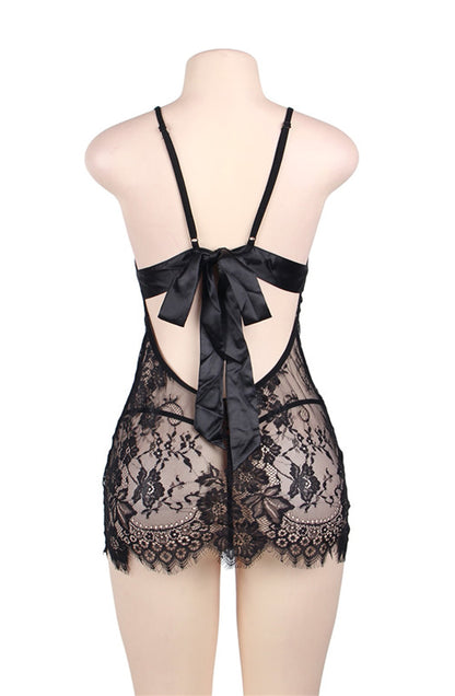 YesX Black Chemise Set with Eyelash Lace and Satin Ribbon Tie