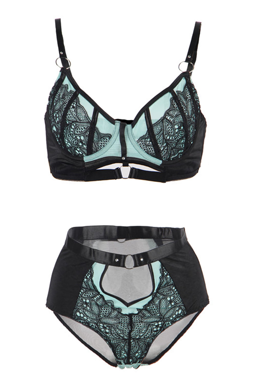 YesX Blue Bra Set with Black Lace Underwire and Matching Brief in Satin Bag