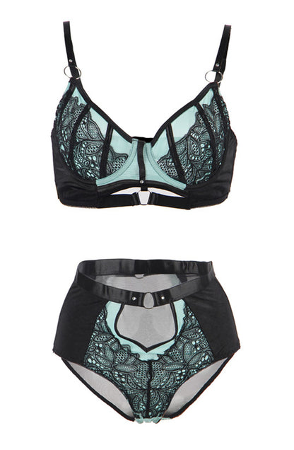 YesX Blue Bra Set with Black Lace Underwire and Matching Brief in Satin Bag