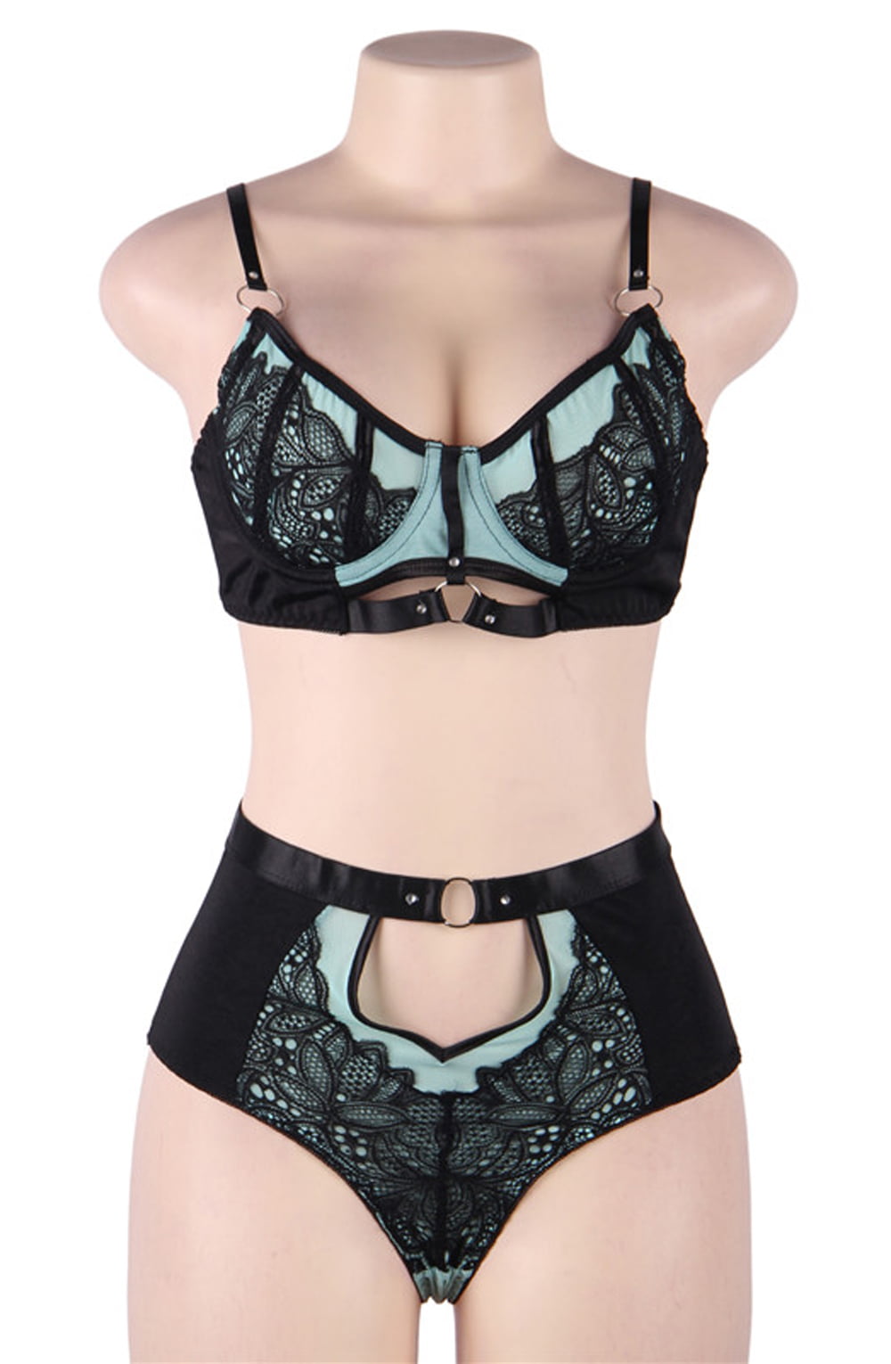 YesX Blue Bra Set with Black Lace Underwire and Matching Brief in Satin Bag