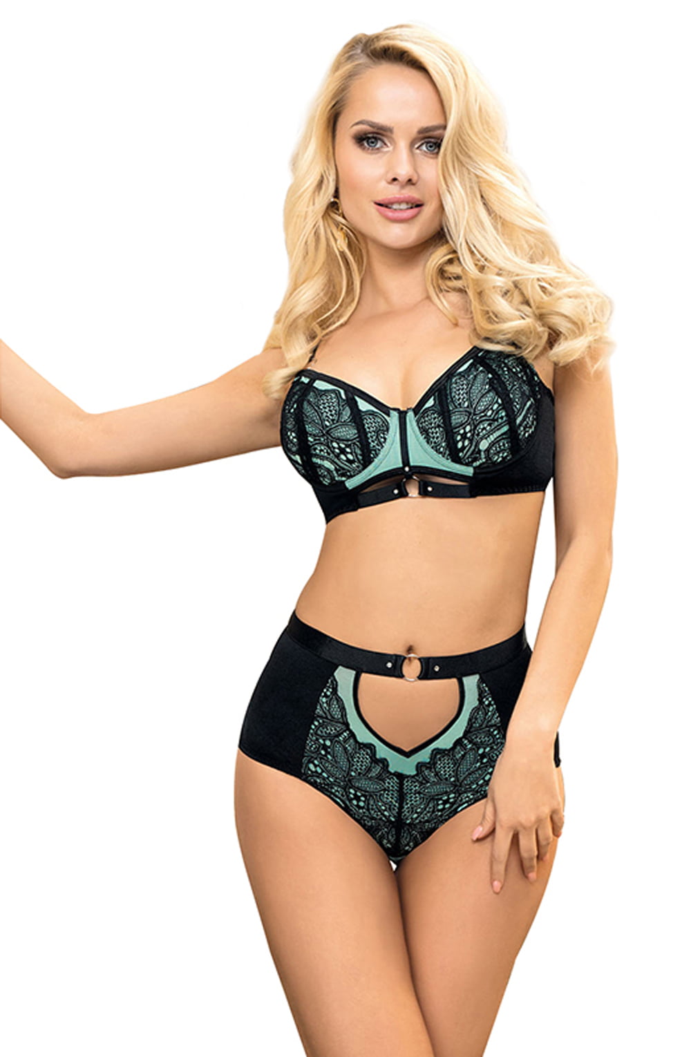 YesX Blue Bra Set with Black Lace Underwire and Matching Brief in Satin Bag