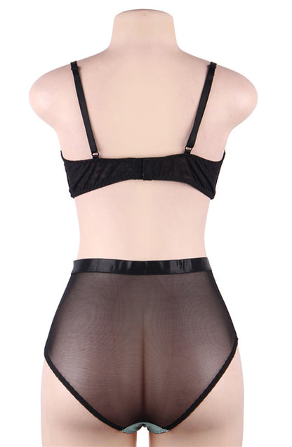YesX Blue Bra Set with Black Lace Underwire and Matching Brief in Satin Bag