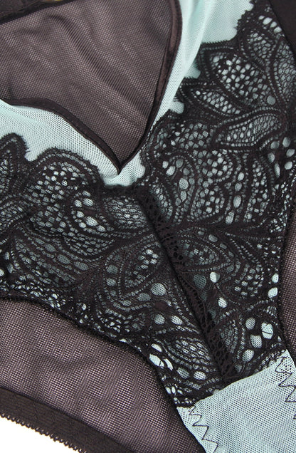 YesX Blue Bra Set with Black Lace Underwire and Matching Brief in Satin Bag
