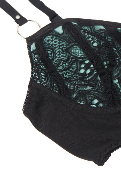 YesX Blue Bra Set with Black Lace Underwire and Matching Brief in Satin Bag