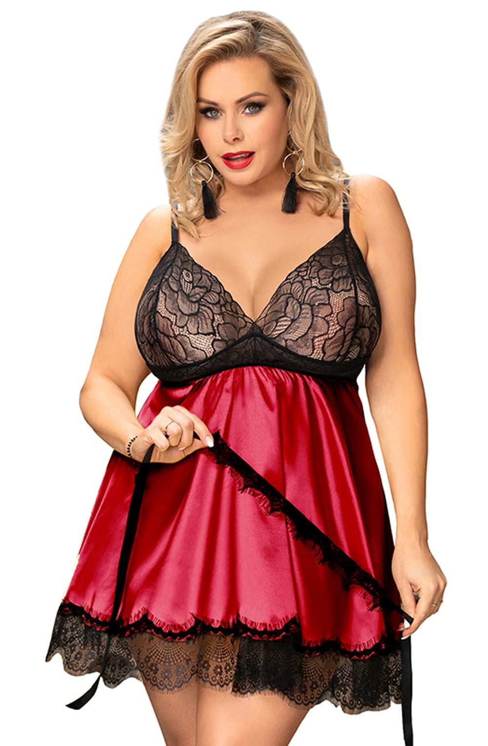 YesX Red Satin Halter Dress with Black Lace Cups and Matching Blindfold Set