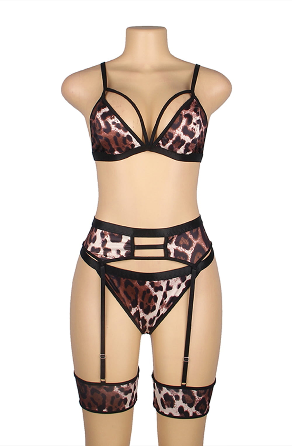YesX Leopard Print Nightwear Set with Bra Top, waist detail Belt, Matching Brief, Leg Bands, and Headband