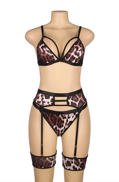 YesX Leopard Print Nightwear Set with Bra Top, waist detail Belt, Matching Brief, Leg Bands, and Headband