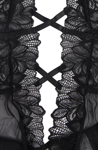 YesX Open Front Deep V Black Tulle Lace Lace Body Nightwear