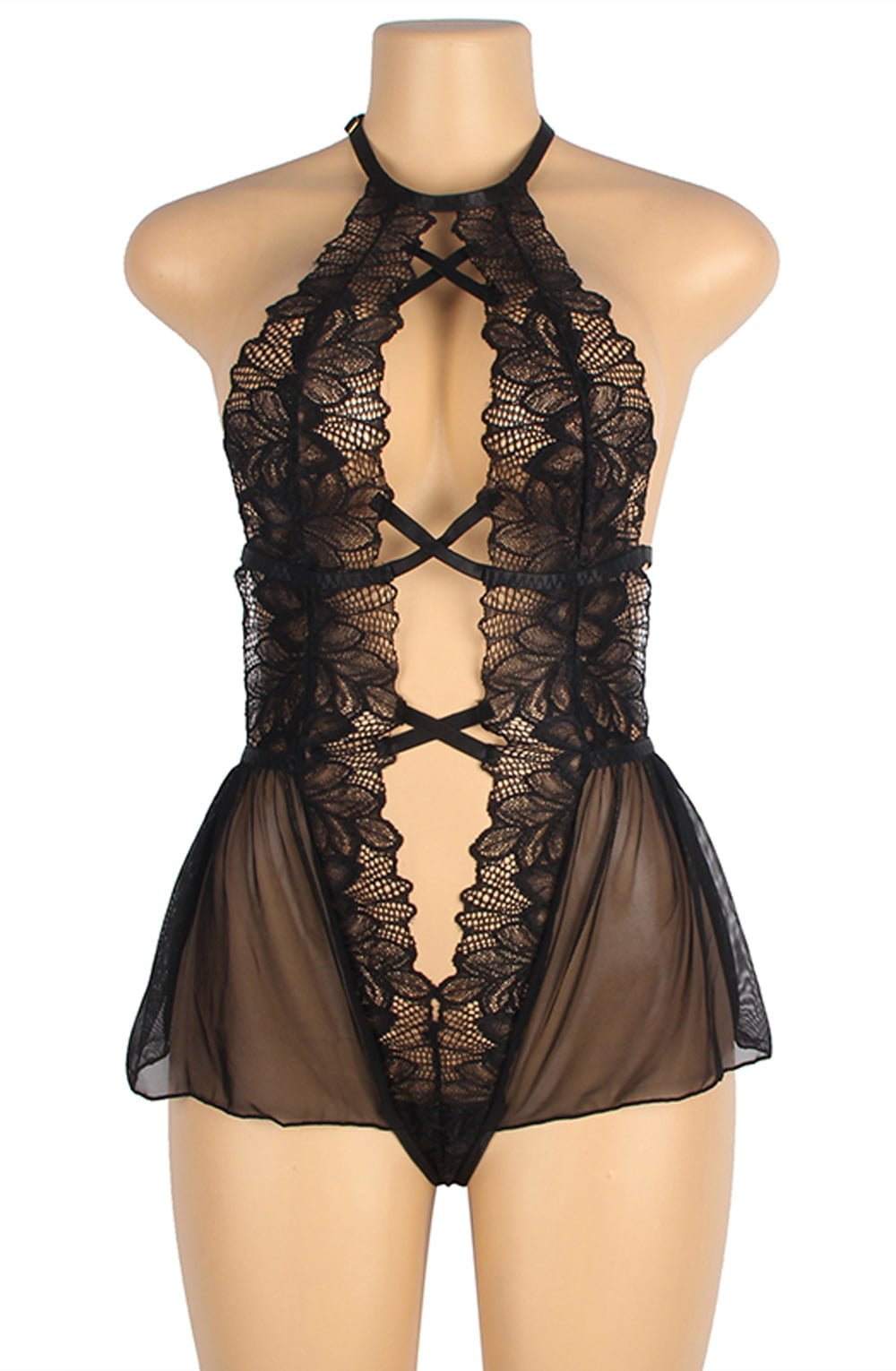 YesX Open Front Deep V Black Tulle Lace Lace Body Nightwear