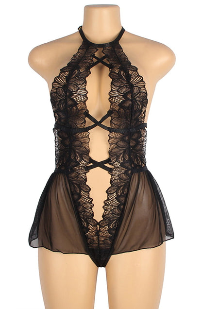 YesX Open Front Deep V Black Tulle Lace Lace Body Nightwear