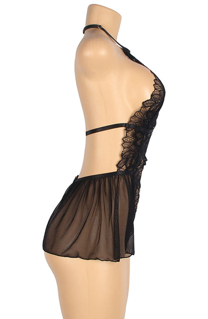 YesX Open Front Deep V Black Tulle Lace Lace Body Nightwear