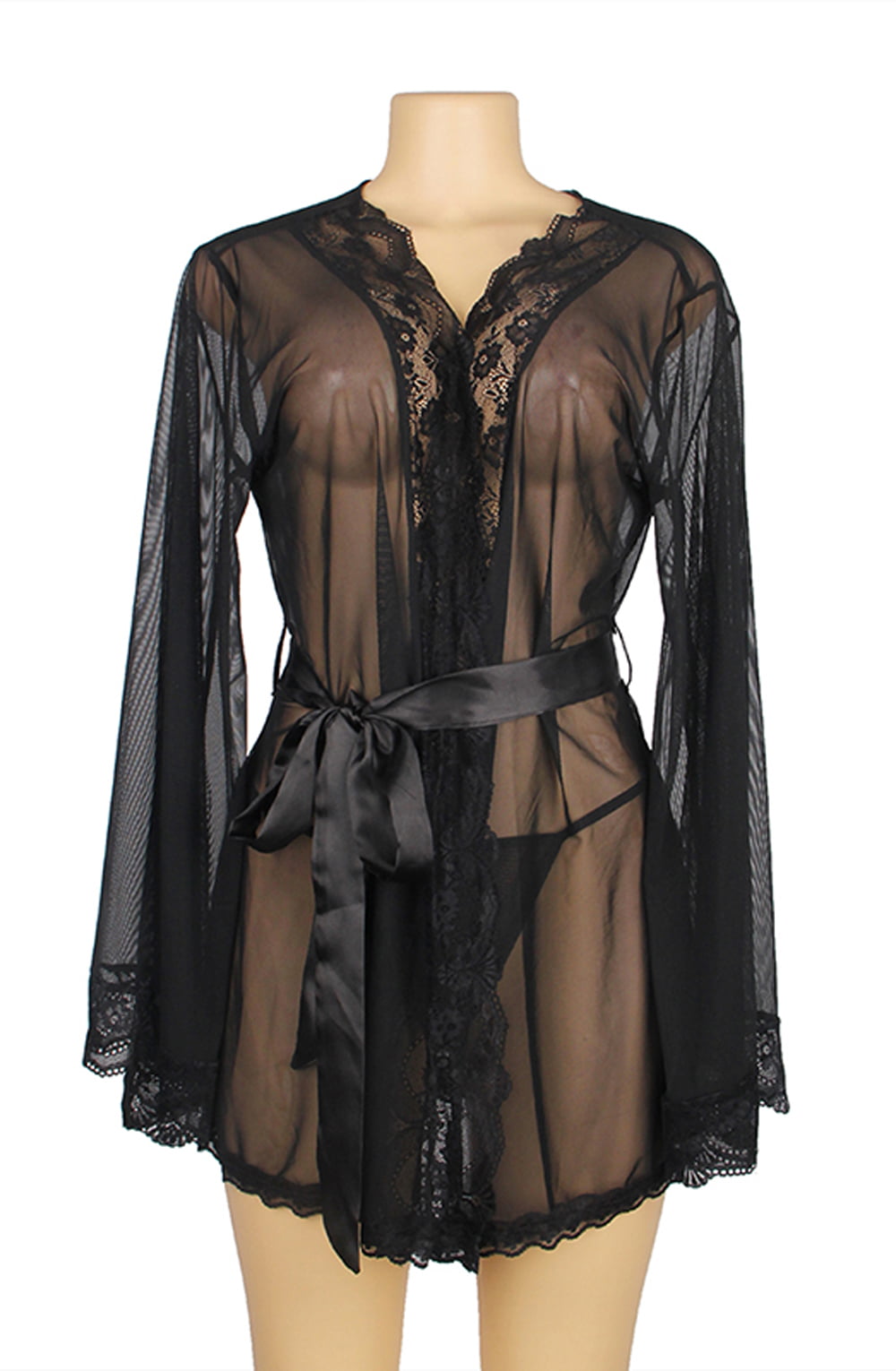 YesX Dressing Gown with Black Lace Trim and Satin Belt Includes Matching Underwear