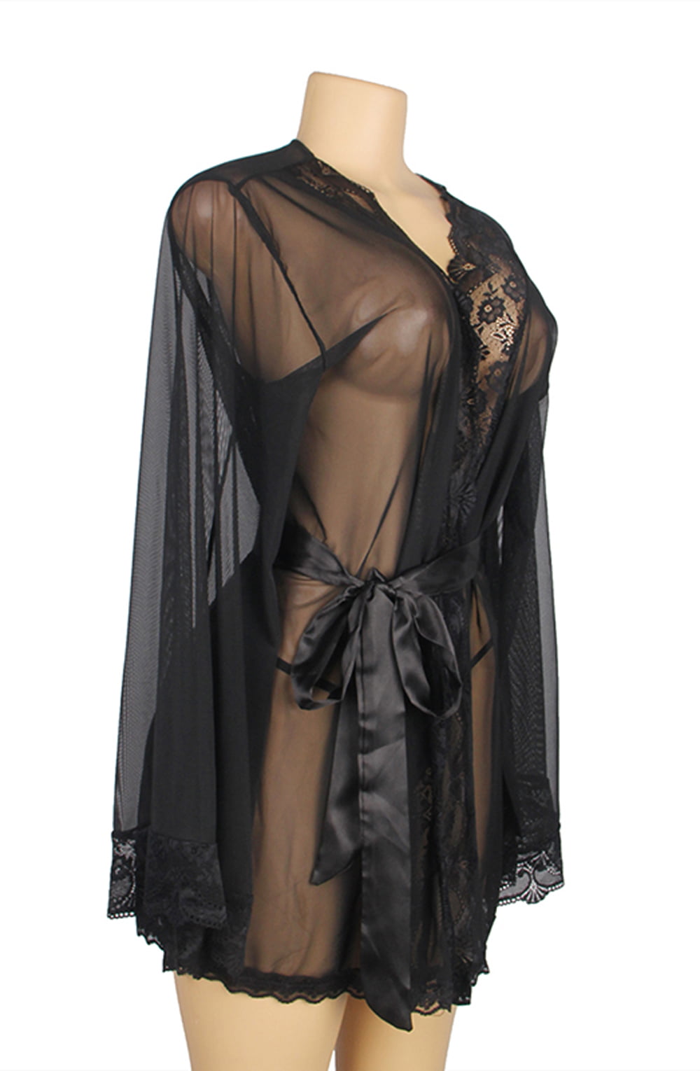 YesX Dressing Gown with Black Lace Trim and Satin Belt Includes Matching Underwear