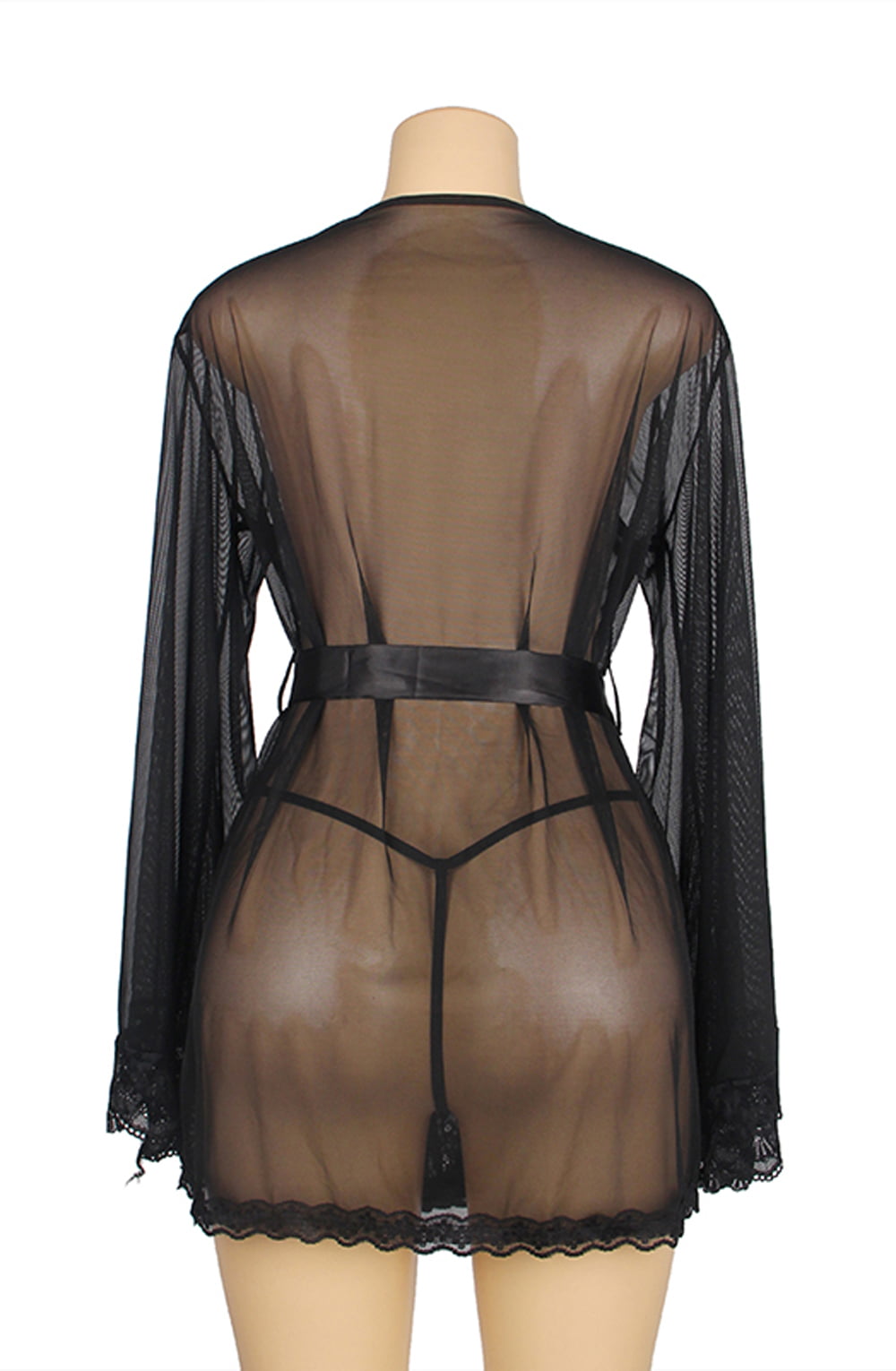 YesX Dressing Gown with Black Lace Trim and Satin Belt Includes Matching Underwear